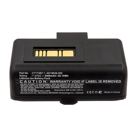 Batteries N Accessories BNA-WB-L14310 Printer Battery - Li-ion, 7.4V, 3400mAh, Ultra High Capacity - Replacement for Zebra AK18026-002 Battery