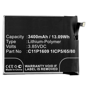 Batteries N Accessories BNA-WB-P9877 Cell Phone Battery - Li-Pol, 3.85V, 3400mAh, Ultra High Capacity - Replacement for Asus C11P1609 1ICP5/65/80 Battery