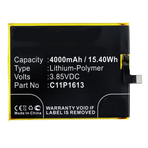 Batteries N Accessories BNA-WB-P9857 Cell Phone Battery - Li-Pol, 3.85V, 4000mAh, Ultra High Capacity - Replacement for Asus C11P1613 Battery