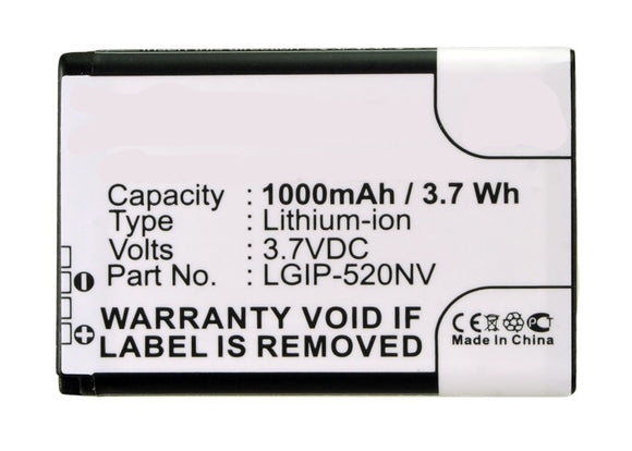 Batteries N Accessories BNA-WB-L3862 Cell Phone Battery - Li-ion, 3.7, 1000mAh, Ultra High Capacity Battery - Replacement for LG LGIP-520NV, SBPL0102702 Battery